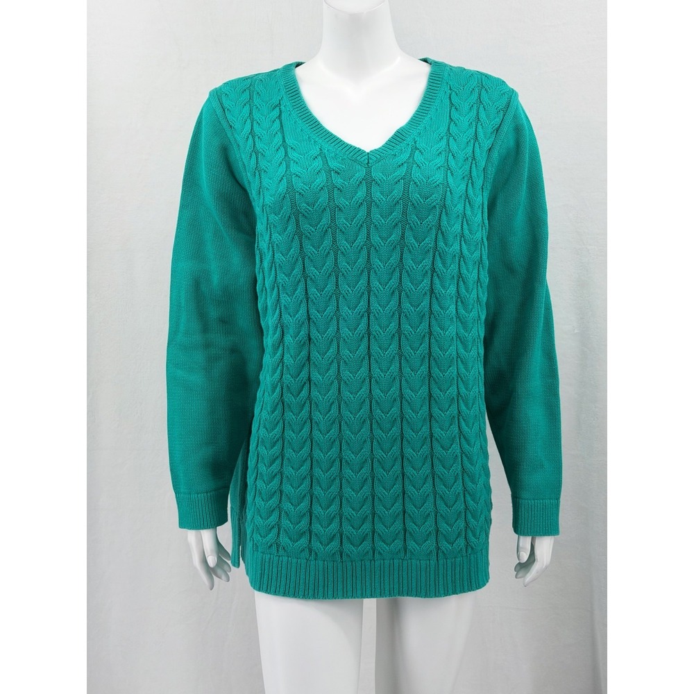 Lands‎ End Sweater Womens 2X 20 22W Green Drifter Cable Knit V-Neck Pullover